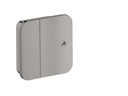 Geheimes Absperrventil in mattschwarz, installiert in Wand. Design von AXOR, minimalistische Form mit vereinfachter Bedienung.